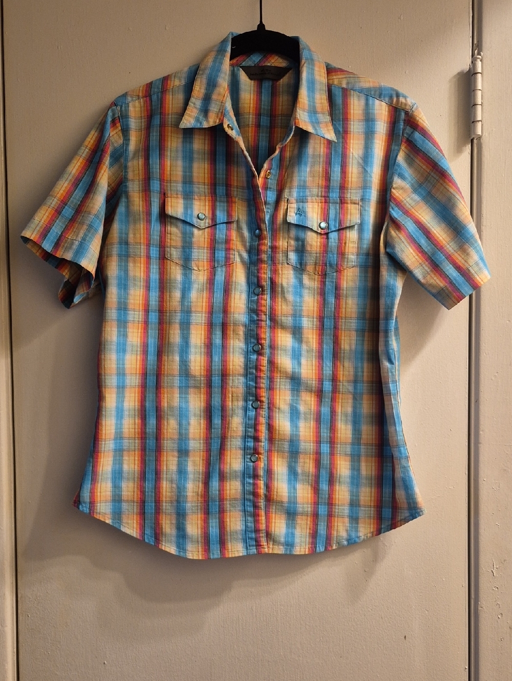 Women's Short Sleeve Plaid Button-Up Shirt in Blue, Orange & Yellow